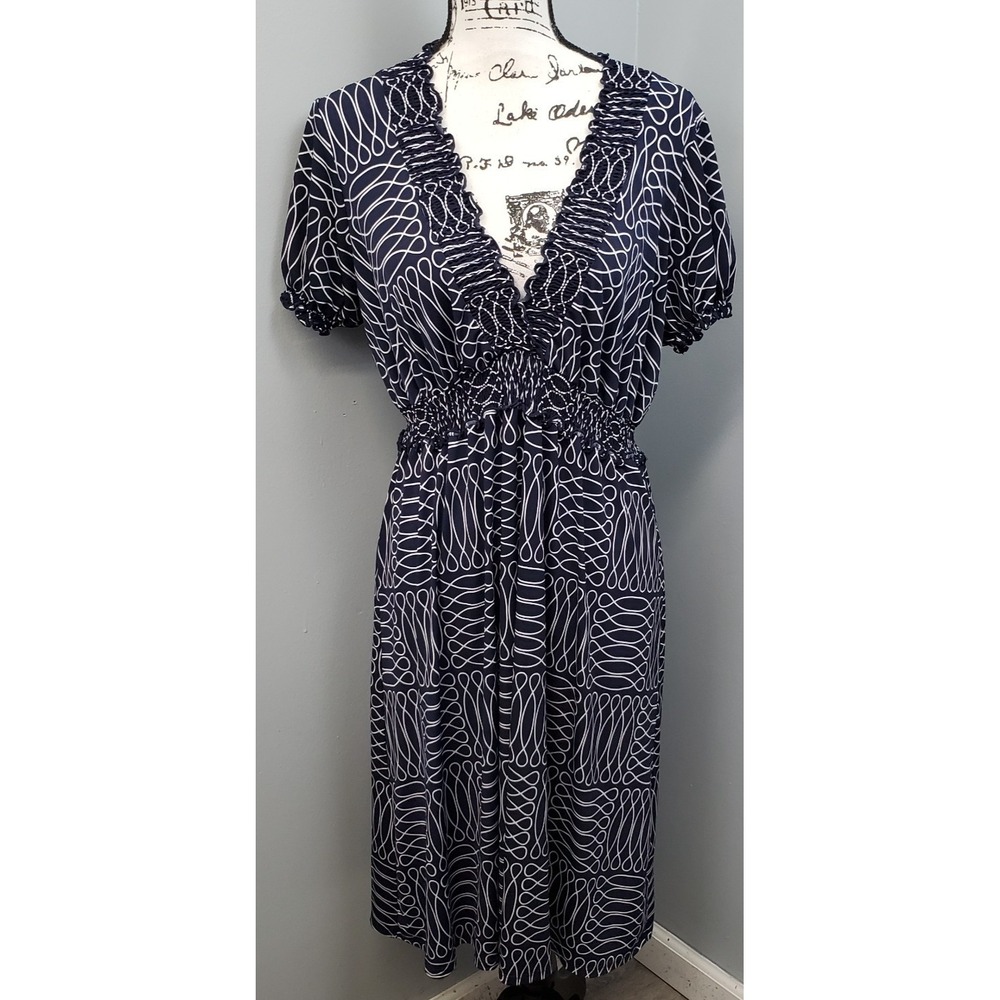 En Focus Fit & Flare Dress Womens 16W Navy White Geometric Stretch Smocked Waist